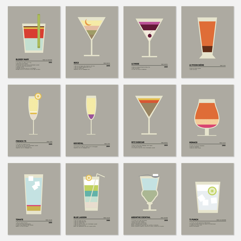 Etui 12 cartes postales - Cocktails vintage
