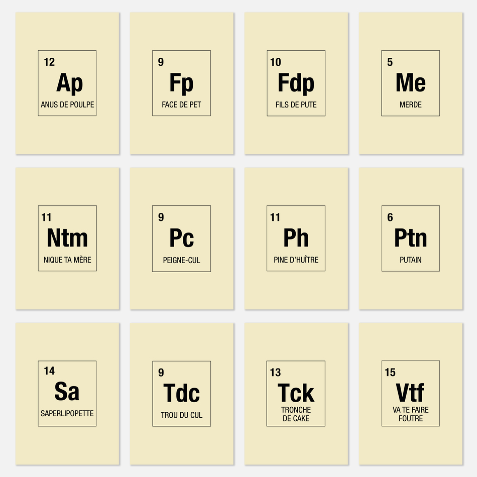 Etui 12 cartes postales - Tableau périodique des jurons et insultes